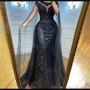 Long beaded lace sleeves black mermaid gown with over skirt